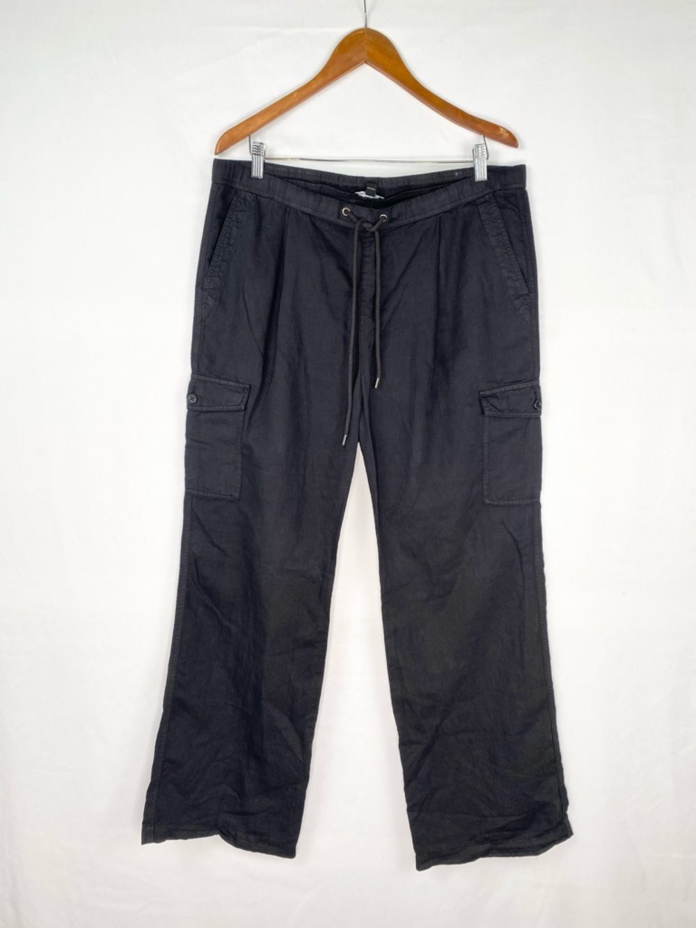 James Perse Cotton Linen Cargo Utility Pants Wide Leg Black Size 4 Drawstring‎